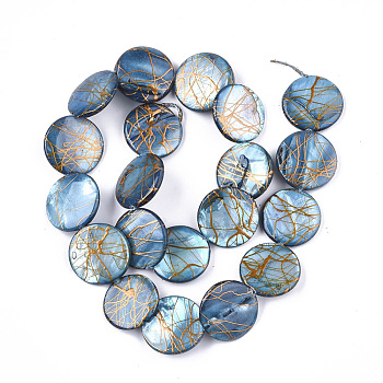 Freshwater Shell Beads Strands, Dyed and Drawbench, Flat Round, Steel Blue, 19.5~20.5x2.5~4mm, Hole: 1mm, 19~20pcs/strand, 15.5 inch~15.9 inch