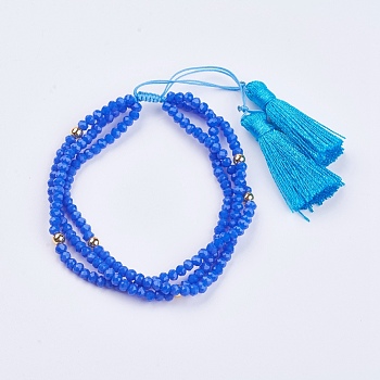 Glass Multi-strand Bracelets, with Brass Round Beads and Nylon Cord Tassel Pendants, Blue, 2 inch(52mm)
