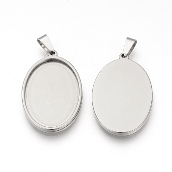 201 Stainless Steel Pendant Cabochon Settings, Oval, Stainless Steel Color, Tray: 39.5x30mm, 45x32.5x2mm, Hole: 8x4mm
