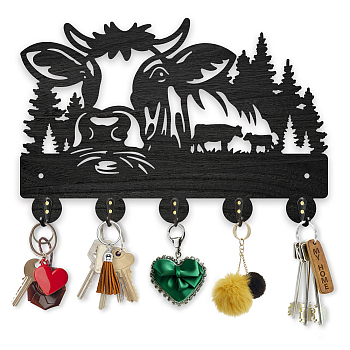 Wood & Iron Wall Mounted Hook Hangers, Decorative Organizer Rack, with 2Pcs Screws, 5 Hooks for Bag Clothes Key Scarf Hanging Holder, Cattle, 200x300x7mm.