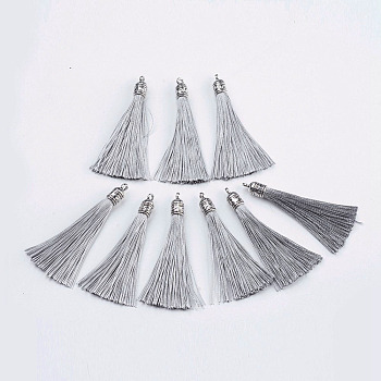 Nylon Tassels Big Pendant Decorations, with Antique Silver Alloy Findings, Gray, 55~67x7mm, Hole: 2mm