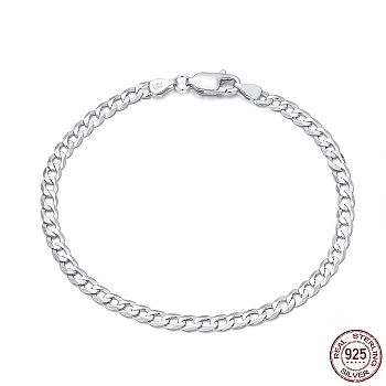 Rhodium Plated 925 Sterling Silver Curb Chain Bracelets, with S925 Stamp, Platinum, 7-1/8 inch(18cm)