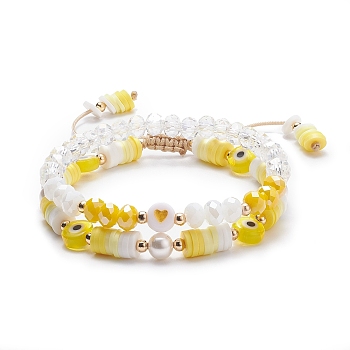 2Pcs 2 Style Polymer Clay Heishi Surfer Braided Bead Bracelets Set with Lampwork Evil Eye, Glass Pearl Preppy Bracelets with Acrylic Heart for Women, Yellow, Inner Diameter: 2-1/8~3-3/8 inch(5.4cm), 1Pc/style