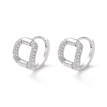 Brass Micro Pave Cubic Zirconia Hoop Earrings, Hollow Square, Real Platinum Plated, 13.5x11mm