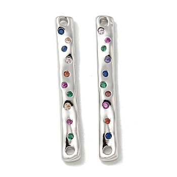 Brass Pave Colorful Cubic Zirconia Connector Charms, Rectangle Links, Platinum, 29x4x2mm, Hole: 1mm