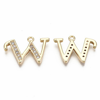 Brass Micro Pave Clear Cubic Zirconia Pendants, Nickel Free, Real 18K Gold Plated, Word, Letter.W, 14x21.5x2mm, Hole: 1.5mm