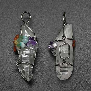 Natural Quartz Crystal Big Pendants, with Mixed Gemstone Chips and Brass Findings, Nuggets, Platinum, 60~110x20~27mm, Hole: 7x10mm