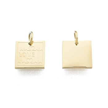Ion Plating(IP) 304 Stainless Steel Charms, with Jump Ring, Square with Word Love & Heartbeat, Real 14K Gold Plated, 8x8x1mm, Jump Ring: 4x0.5mm, Inner Diameter: 2.5mm