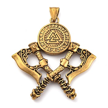 Viking 304 Stainless Steel Big Pendants, Double Axe with Valknut Charm, Antique Golden, 54.5x51.5x4mm, Hole: 8x4.5mm