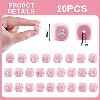 20 piezas de cuentas de silicona con letras de cubo rosa 12x12x12 cuentas de alfabeto de dados cuadrados de mm con cuentas de letras sueltas con espaciador de agujeros de 2 mm para hacer pulseras(JX435F)-2