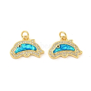 Brass Micro Pave Cubic Zirconia with Synthetic Opal Pendants, with Jump Ring, Real 18K Gold Plated, Dolphin, Dolphin, 12.5x18.5x3.5mm(KK-D096-06A-G)