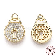 925 Sterling Silver Micro Pave Cubic Zirconia Charms, with Jump Ring, Padlock, Nickel Free, Real 18K Gold Plated, 13x10x2mm, Inner Diameter: 2.5mm(STER-T004-16G)
