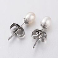 Natural Cultured Freshwater Pearl Ear Studs, with 304 Stainless Steel Pin and Ear Nuts, White, 16.5x4mm, Pin: 0.7mm(EJEW-JE01814)