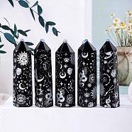 Natural Black Obsidian Pointed Prism Bar Home Display Decoration, Healing Stone Wands, for Reiki Chakra Meditation Therapy Decos, Moon Star Print Faceted Bullet, Silver, 50~60mm(G-PW0007-116A-02)