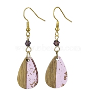 Transparent Resin & Walnut Wood Teardrop Pendant Dangle Earrings, with Imitation Austrian Crystal 5301 Bicone Beads and Iron Earring Hooks, Thistle, 54x14.5mm(EJEW-JE05490)