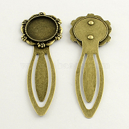 Iron Bookmark Cabochon Setting, with Alloy Flat Round Tray, Lead Free & Nickel Free & Cadmium Free, Antique Bronze, 79x28x3mm, Tray: 20mm(X-PALLOY-S033-09AB-NR)