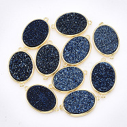 Plating AB Natural Druzy Agate Links connectors, with Brass Findings, Dyed, Oval, Golden, Marine Blue, 25x14x4mm, Hole: 1.8mm(G-S344-05B)
