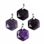 Natural Amethyst Pendants, with Platinum Tone Brass Pinch Bail, Faceted, Hexagon, 42.5x29.5x7.5~8.5mm, Hole: 3x5mm(G-T131-27A)