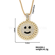 Sparkling Hip Hop Street Dance Alloy Crystal Rhinestone & Enamel Smile Face Pendant Necklaces, Golden, 23.62 inch(60cm)(HF3863-1)