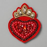 Heart Cloth Patches, Glass Beaded Appliques, Stick On Patch, with Rhinestone, Costume Accessories, Red, 89x70x6mm(PATC-WH0007-03C)