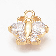 Brass Cubic Zirconia Charms, Butterfly, Nickel Free, Real 18K Gold Plated, 13x13x4mm, Hole: 2mm(ZIRC-Q002-107G)