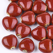 Handmade Porcelain Beads, Fancy Antique Glazed Porcelain, Heart, Dark Red, 14~15x16x9~10mm, Hole: 2mm(X-PORC-S498-15A-19)