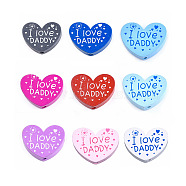 Natural Wood Beads, Dyed, Heart with Word I Love Daddy, Mixed Color, 23x29x7mm, Hole: 2.5mm(WOOD-T012-08-M)