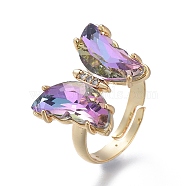 Adjustable Brass Glass Finger Rings, with Clear Cubic Zirconia, Butterfly, Golden, Medium Purple, Size 7, Inner Diameter: 17mm(RJEW-P148-A01-01)