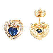 Cubic Zirconia Heart Stud Earrings, Golden Brass Jewelry for Women, Nickel Free, Marine Blue, 10x10.5mm, Pin: 0.7mm(EJEW-N011-59E)