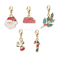 Christmas Alloy Enamel Pendant Decorations Sets, with 304 Stainless Steel Lobster Claw Clasps, Christmas Reindeer & Santa Claus & Holly Leaf & Candy Cane, Mixed Color, 25~37mm, 5pcs/set(HJEW-JM00908)