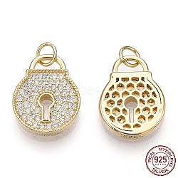 925 Sterling Silver Micro Pave Cubic Zirconia Charms, with Jump Ring, Padlock, Nickel Free, Real 18K Gold Plated, 13x10x2mm, Inner Diameter: 2.5mm(STER-T004-16G)