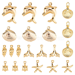 Marine Organism Theme 21Pcs 7 Styles Brass Charms, Mixed Shapes, Lead Free & Nickel Free & Cadmium Free, Mixed Shapes, 10~19.5x4.1~15x1.9~4.5mm, Hole: 0.9~3mm, 3pcs/style(KK-HS0015-53)