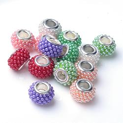 ABS Plastic Imitation Pearl European Beads, Large Hole Beads, Rondelle, with Platinum Tone Brass Cores, Mixed Color, 14x9mm, Hole: 5mm(OPDL-S087-M)