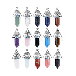 Natural & Synthetic Mixed Gemstone Faceted Pointed Bullet Big Pendants, Rack Plating Brass Tree of Life Triangle Charms, Platinum, Lead Free & Cadmium Free, Mixed Dyed and Undyed, 56~57x26.5~27x16.5~17mm, Hole: 6x4mm(G-H076-02P)