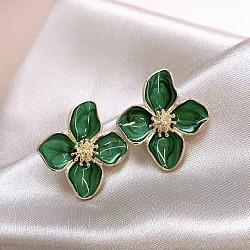 Alloy Enamel Stud Earrings, Flower, Golden, Green, 25x23mm(FS-WG082C3-03)