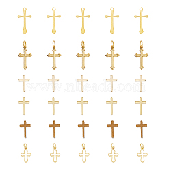 36Pcs 6 Style Long-Lasting Plated Brass Charms, Cross, Real 18K Gold Plated, 12~24x8~13x1~3mm, Hole: 1~3mm, 6pcs/style(KK-FH0005-19)