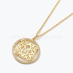 Brass Micro Pave Clear Cubic Zirconia Pendant Necklaces, Flat Round with Letter, Real 18K Gold Plated, Letter.M, 16.14~17.20 inch(41~43.7cm)(NJEW-E153-01M)