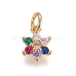 Brass Micro Pave Cubic Zirconia Charms, Flower, Colorful, Golden, 10x7.5x3mm, Hole: 3mm(ZIRC-E145-71G)