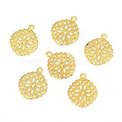 Flat Round Brass Flower Filigree Findings Charms Pendants, Golden, 15x13x0.5mm, Hole: 1mm(KK-O015-05G)