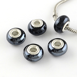 Rondelle Pearlized Handmade Porcelain European Beads, with Silver Color Plated Brass Cores, Large Hole Beads, Black, 14~16x9~10mm, Hole: 5mm(PORC-R042-D01)