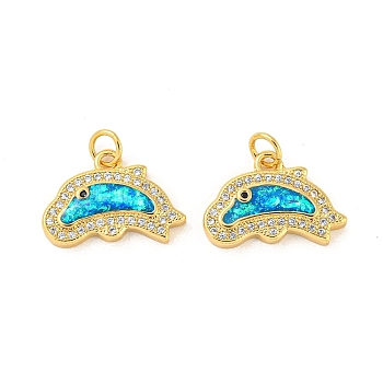 Brass Micro Pave Cubic Zirconia with Synthetic Opal Pendants, with Jump Ring, Real 18K Gold Plated, Dolphin, Dolphin, 12.5x18.5x3.5mm