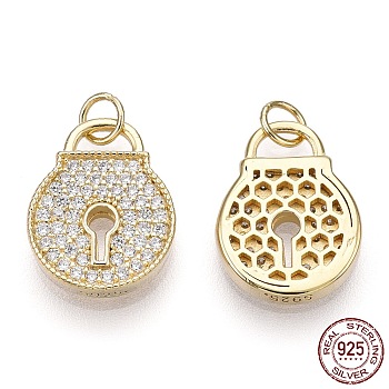 925 Sterling Silver Micro Pave Cubic Zirconia Charms, with Jump Ring, Padlock, Nickel Free, Real 18K Gold Plated, 13x10x2mm, Inner Diameter: 2.5mm