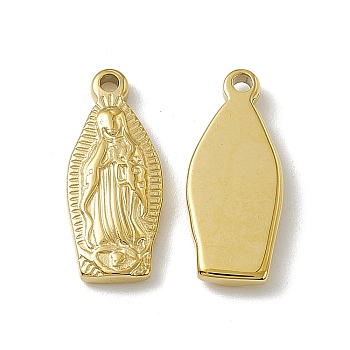 Vacuum Plating 201 Stainless Steel Pendants, Saint Charm, Real 18K Gold Plated, 17.5x7.5x2mm, Hole: 1.4mm