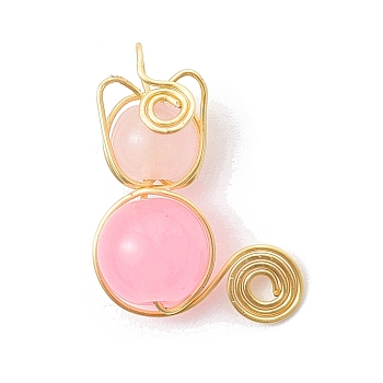 Imitation Jade Glass Beads Pendants, with Light Gold Copper Wire Wrapped, Unicorn Charms, Pink, 20x15~16x8~8.5mm, Hole: 2.5mm