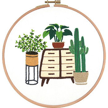 DIY Display Decoration Embroidery Kit, Including Embroidery Needles & Thread, Cotton Fabric, Plants Pattern, 172x141mm
