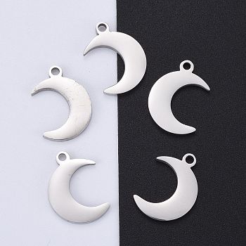 304 Stainless Steel Pendants, Manual Polishing, Stamping Blank Tag, Moon, Stainless Steel Color, 16x11x1.8mm, Hole: 1.5mm