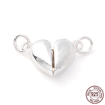 925 Sterling Silver Magnetic Clasps, With Jump Rings, Love Hearts, 925 Sterling Silver Plated, 13x7.9x4mm, Hole: 1.8mm