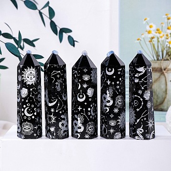 Natural Black Obsidian Pointed Prism Bar Home Display Decoration, Healing Stone Wands, for Reiki Chakra Meditation Therapy Decos, Moon Star Print Faceted Bullet, Silver, 50~60mm