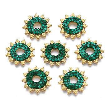 316 Surgical Stainless Steel Cabochons, with Micro Pave Cubic Zirconia, Real 14K Gold Plated, Sun, Green, 12.5x2mm