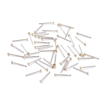 304 Stainless Steel Stud Earring Findings, with Brass Flat Pad Earring Post, Flat Round, Golden & Stainless Steel Color, 2x0.4mm, Pin: 0.7mm